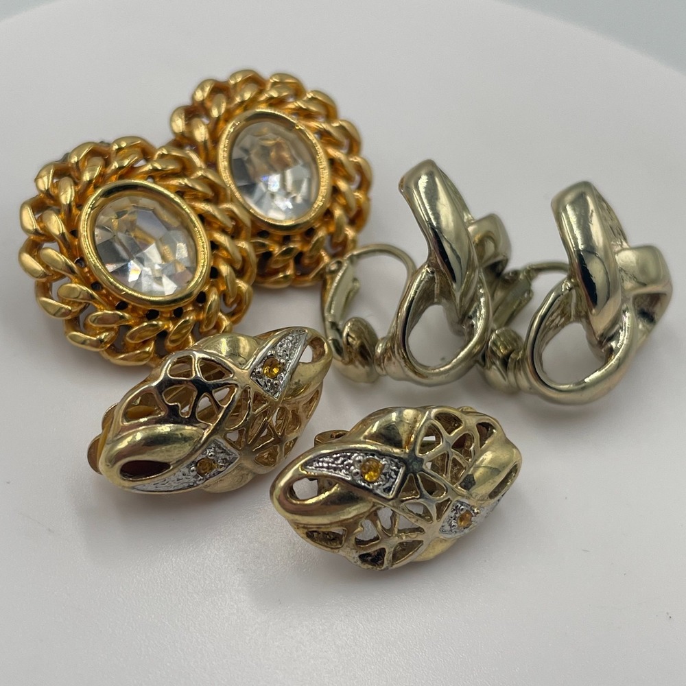 Vintage 90s Gold Tone Clip On Earrings Set Rhinestone Statement Lot 3 Pairs